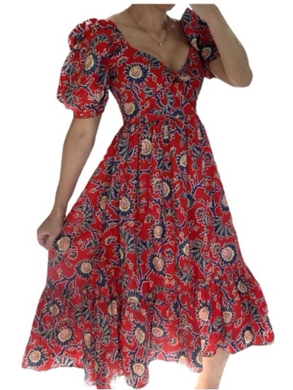NWOT House of Harlow 1960 100% cotton puffy sleeve red floral dress size small